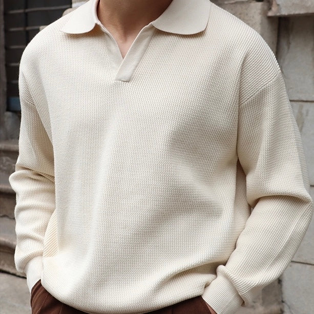 Men’s Knit Pullover Top – Relaxed Fit – Ribbed Cotton Blend – Buttonless Collar – Long Sleeve-4