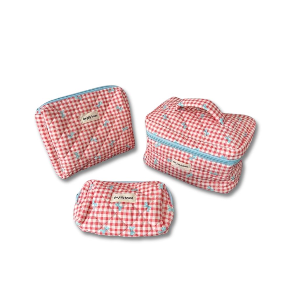 Chloe | Charming checked makeup pouch set with bow design
