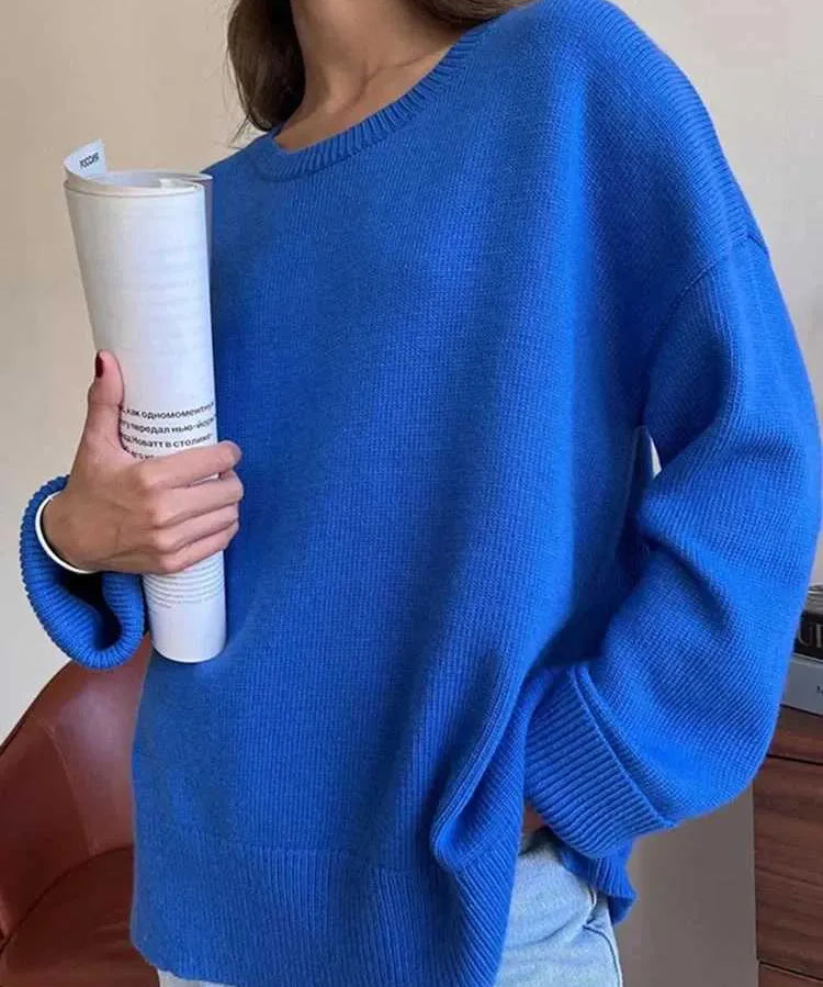 Elegant autumn sweater women - round neck, minimalist design-3