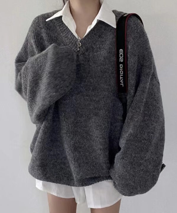 Knitted V-neck sweater for women-4