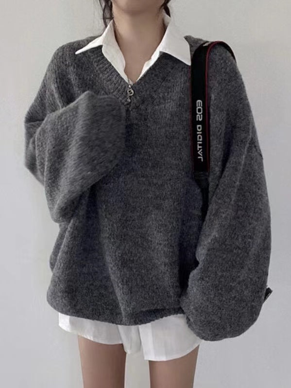 Knitted V-neck sweater for women-4