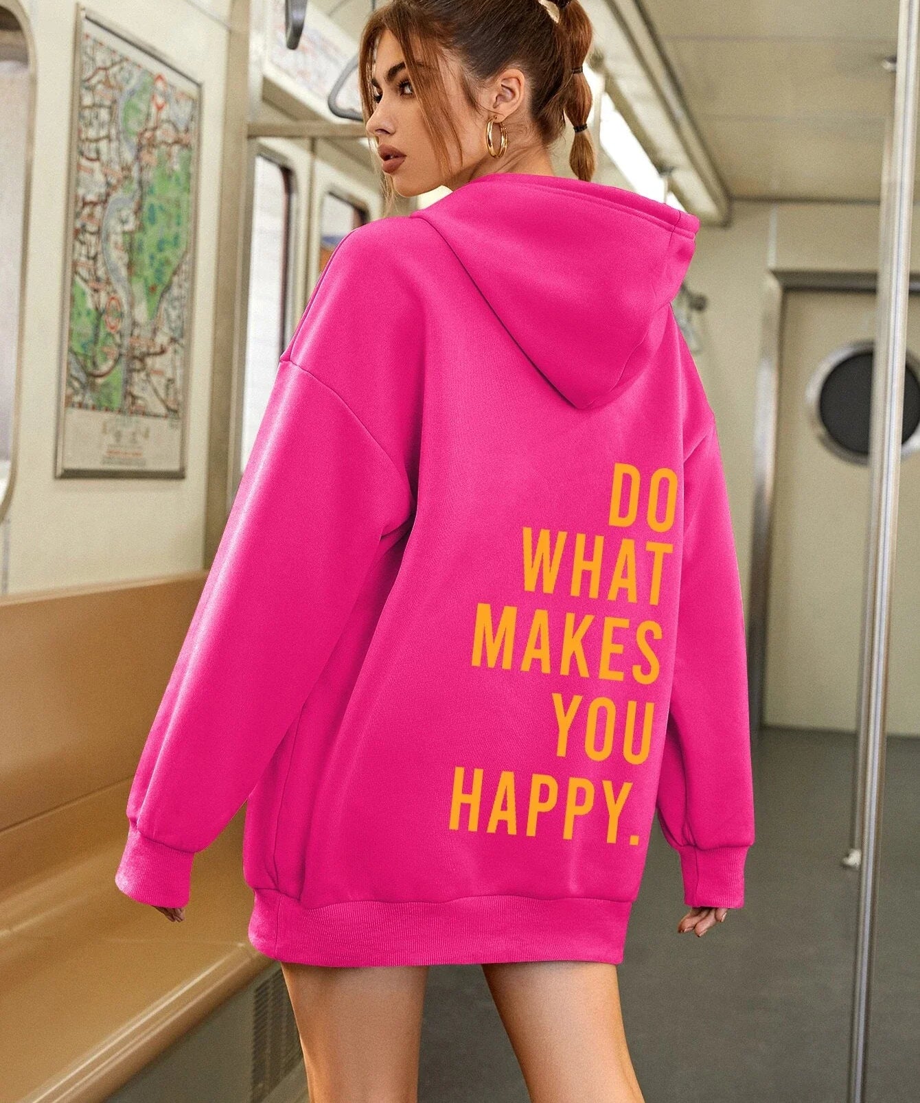 Sweater with a casual text logo design, monochrome style and hood for women-2