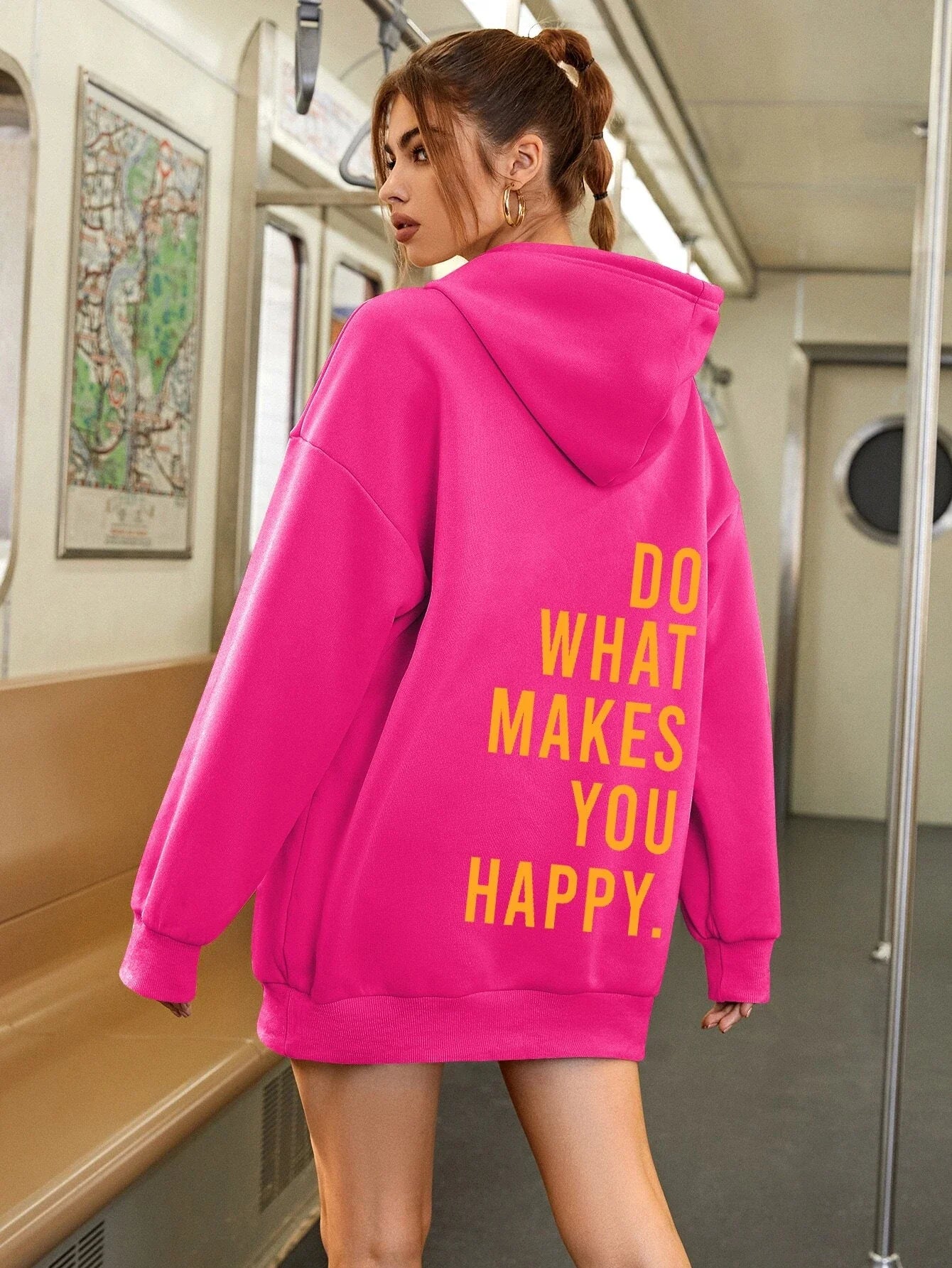 Sweater with a casual text logo design, monochrome style and hood for women-2