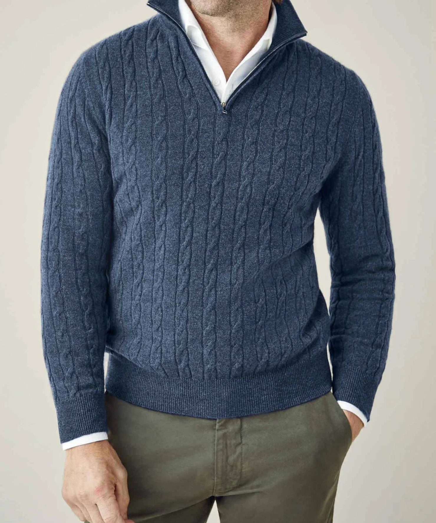 Men’s Cable Knit Sweater – Wool Blend – Half Zip – Stand Collar – Smart Casual Fit-2