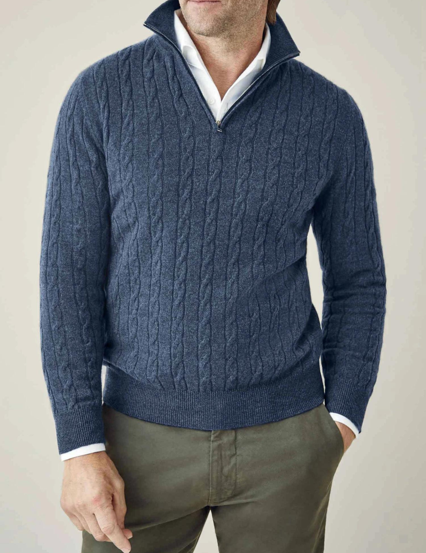 Men’s Cable Knit Sweater – Wool Blend – Half Zip – Stand Collar – Smart Casual Fit-2