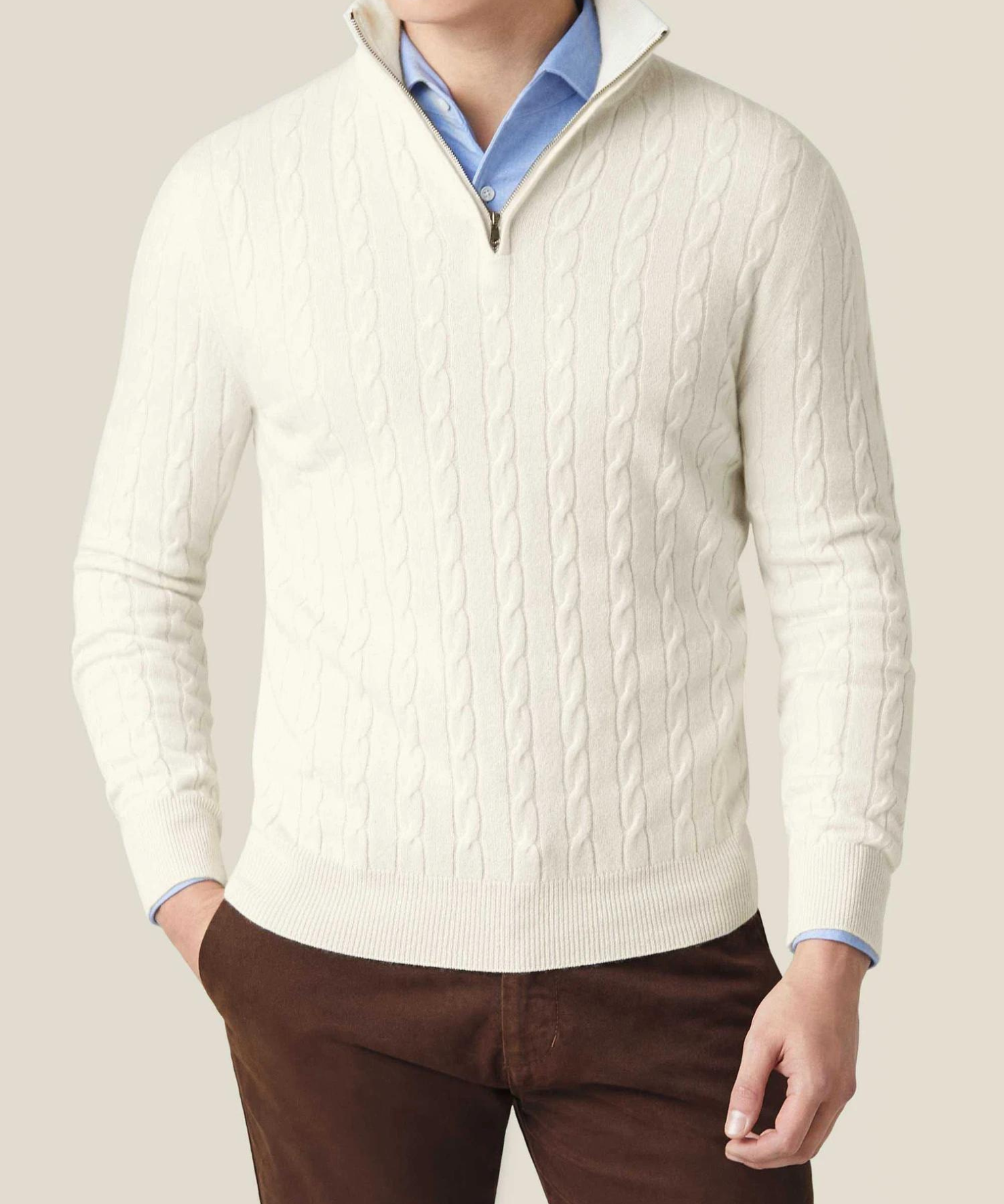 Men’s Cable Knit Sweater – Wool Blend – Half Zip – Stand Collar – Smart Casual Fit-4