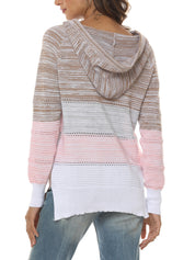 Sweater with a hood and V-neck in harmonious colors-5