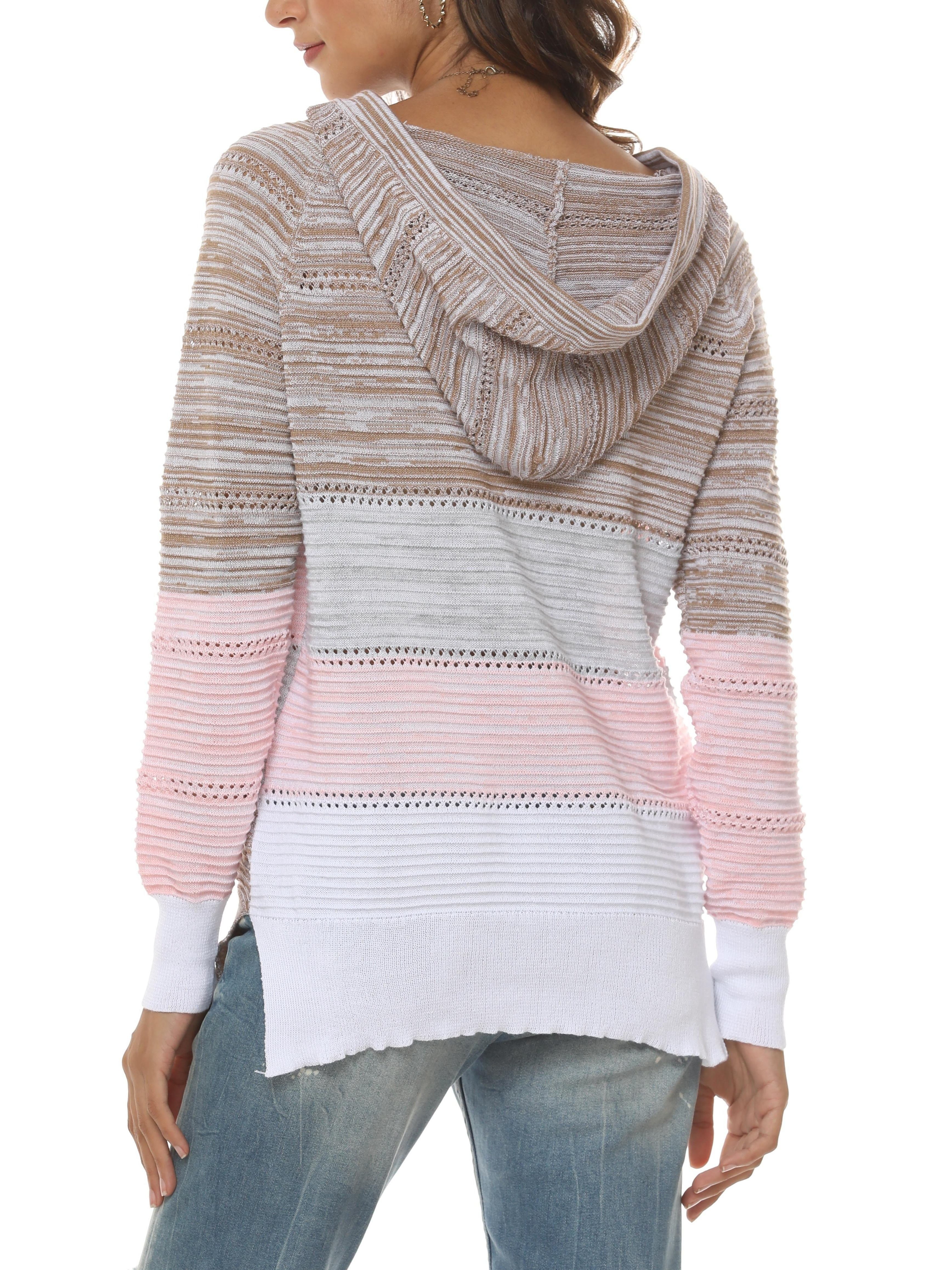 Sweater with a hood and V-neck in harmonious colors-5