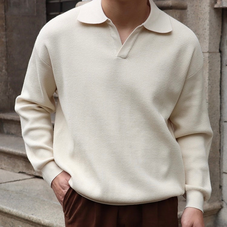 Men’s Knit Pullover Top – Relaxed Fit – Ribbed Cotton Blend – Buttonless Collar – Long Sleeve-1