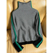 Rolling collar sweater with a geometric knitting pattern-5