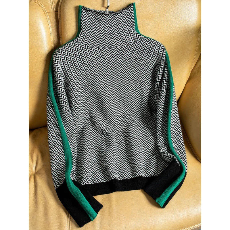 Rolling collar sweater with a geometric knitting pattern-5