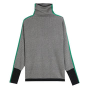 Rolling collar sweater with a geometric knitting pattern-4