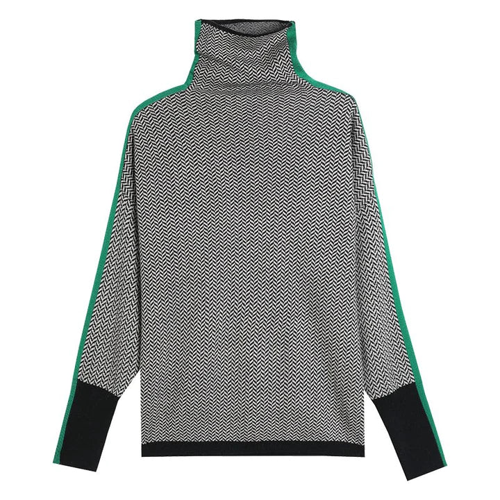 Rolling collar sweater with a geometric knitting pattern-4
