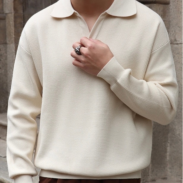 Men’s Knit Pullover Top – Relaxed Fit – Ribbed Cotton Blend – Buttonless Collar – Long Sleeve-2