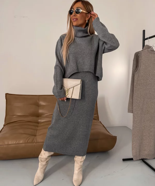 Sweater with turtleneck and midi dress in stylish set-5