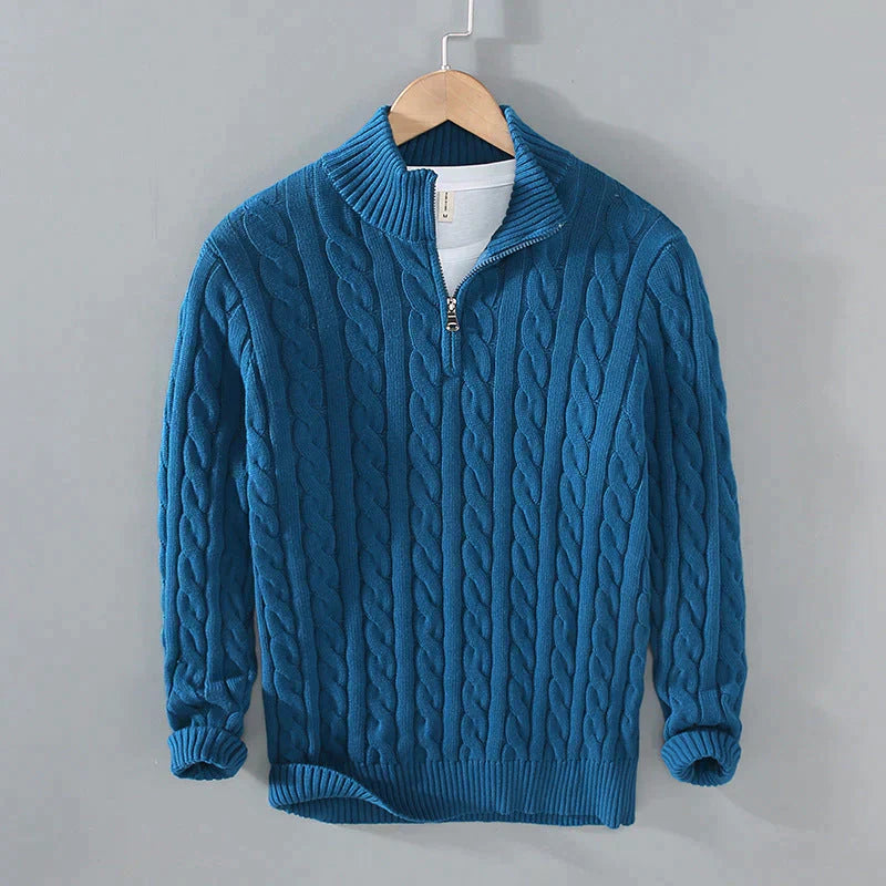 Men’s Cable Knit Sweater - Quarter Zip - Ribbed Collar & Cuffs - Warm & Stylish-4