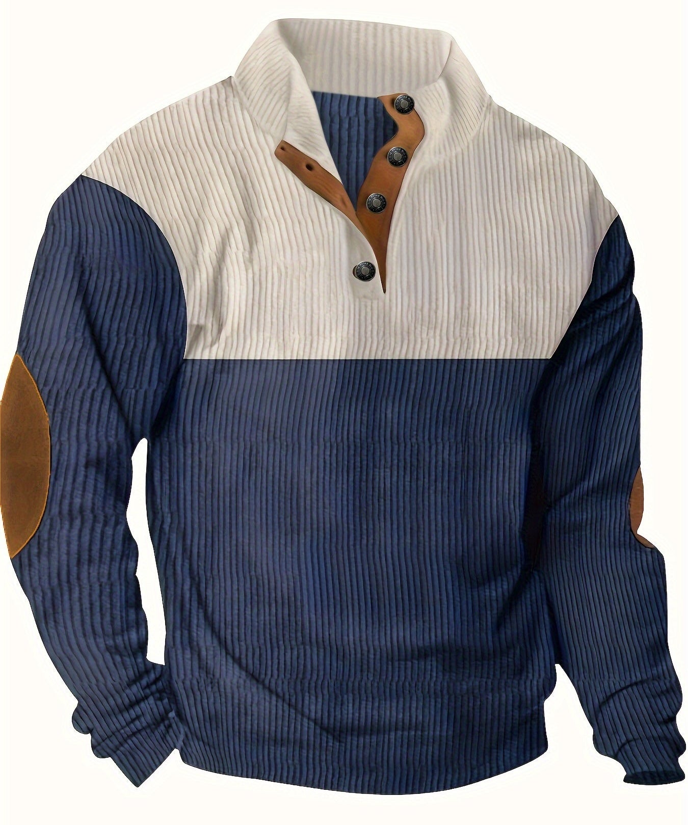 Men’s Ribbed Pullover Sweater - Quarter Button - Stand Collar - Long Sleeve - Elbow Patches-4