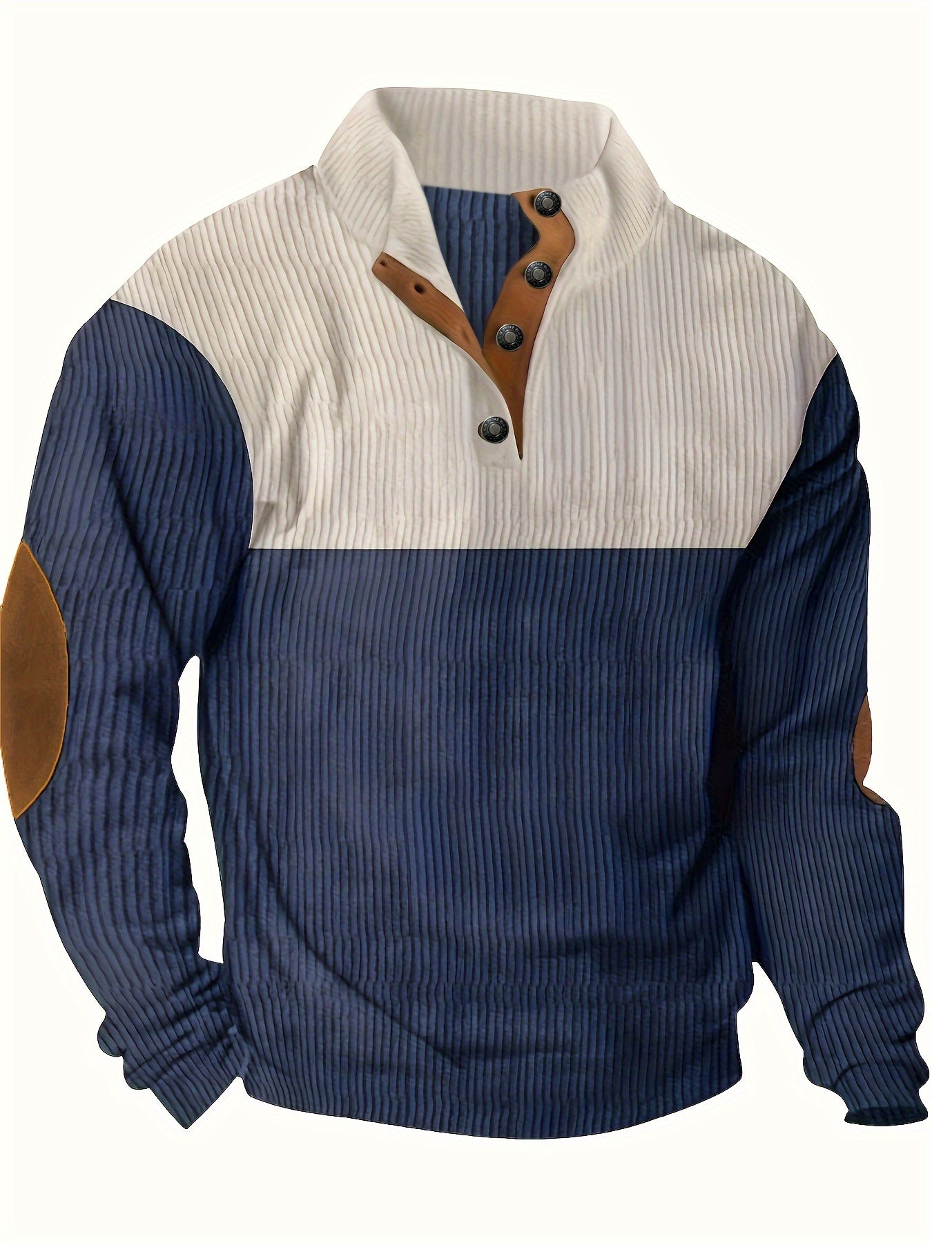 Men’s Ribbed Pullover Sweater - Quarter Button - Stand Collar - Long Sleeve - Elbow Patches-4