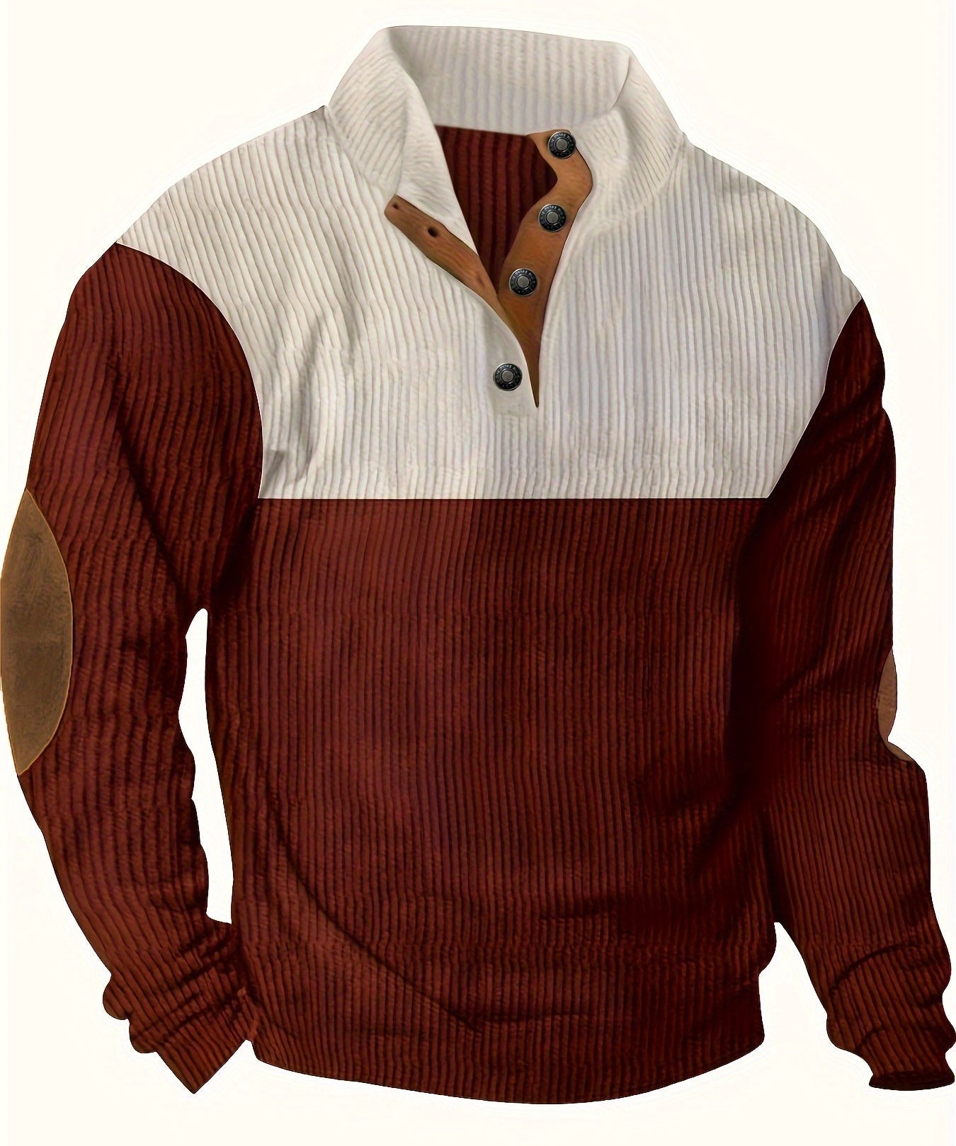 Men’s Ribbed Pullover Sweater - Quarter Button - Stand Collar - Long Sleeve - Elbow Patches-5