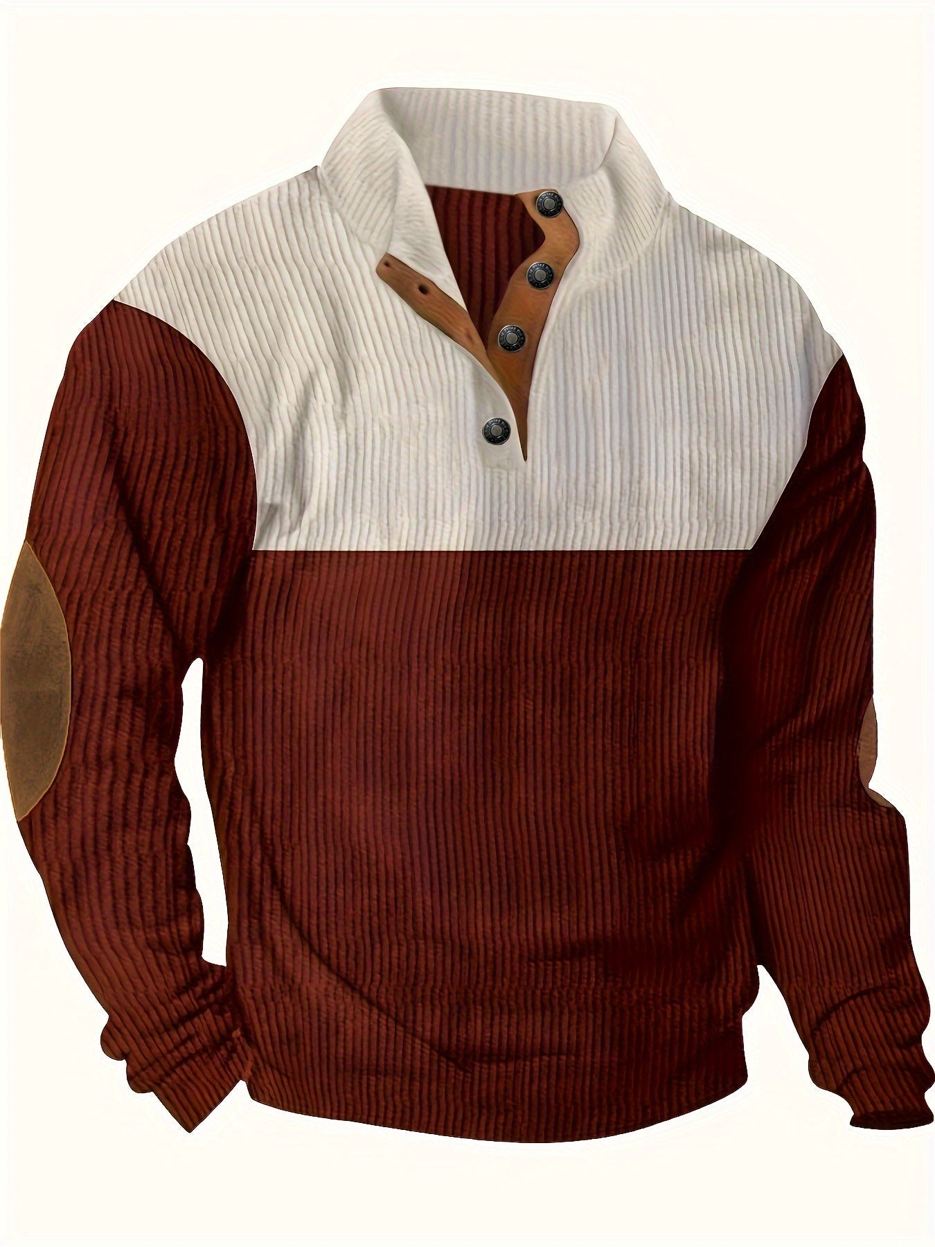 Men’s Ribbed Pullover Sweater - Quarter Button - Stand Collar - Long Sleeve - Elbow Patches-5