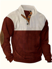 Men’s Ribbed Pullover Sweater - Quarter Button - Stand Collar - Long Sleeve - Elbow Patches-5