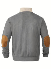 Men’s Ribbed Pullover Sweater - Quarter Button - Stand Collar - Long Sleeve - Elbow Patches-6