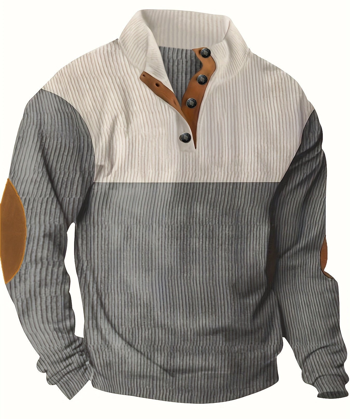 Men’s Ribbed Pullover Sweater - Quarter Button - Stand Collar - Long Sleeve - Elbow Patches-2