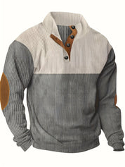 Men’s Ribbed Pullover Sweater - Quarter Button - Stand Collar - Long Sleeve - Elbow Patches-2