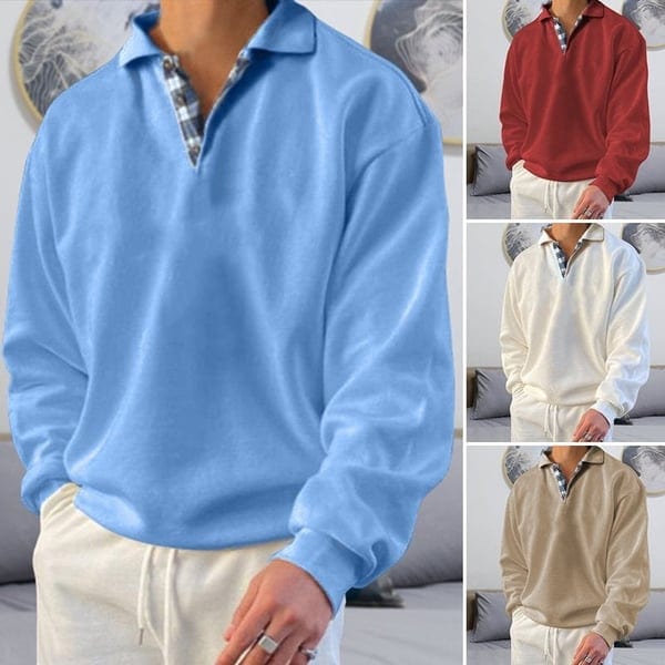 Men's Long-Sleeve Polo Shirt - Classic Collar - Button Placket - Relaxed Fit Casual Wear-2