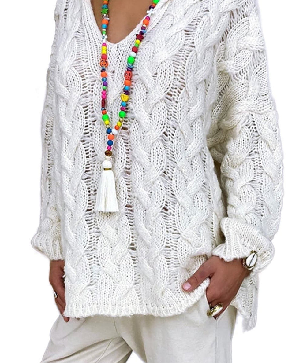 Sweaters made of soft cable knit with hood for women-3