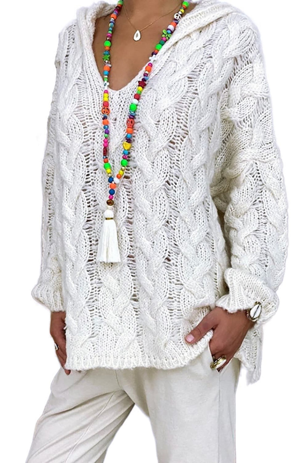 Sweaters made of soft cable knit with hood for women-3