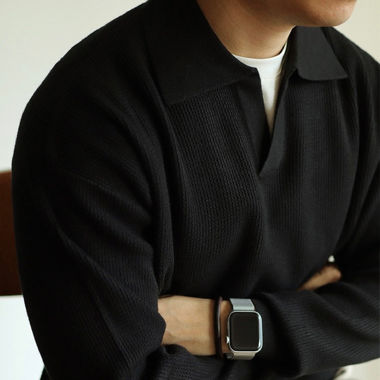 Men’s Knit Pullover Top – Relaxed Fit – Ribbed Cotton Blend – Buttonless Collar – Long Sleeve-6