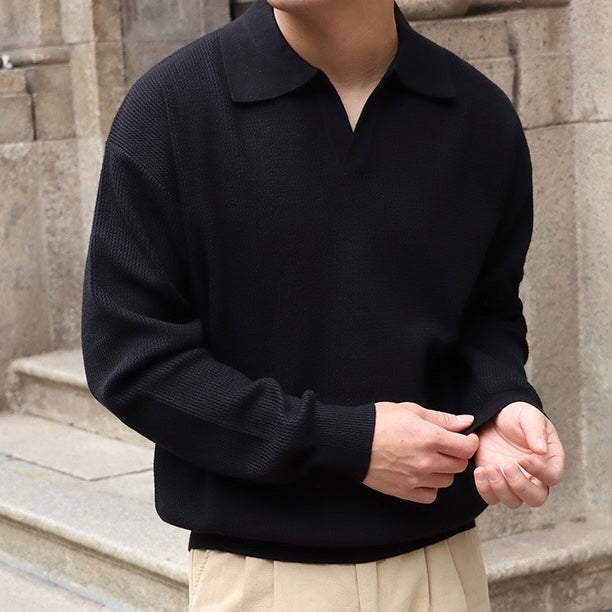 Men’s Knit Pullover Top – Relaxed Fit – Ribbed Cotton Blend – Buttonless Collar – Long Sleeve-5