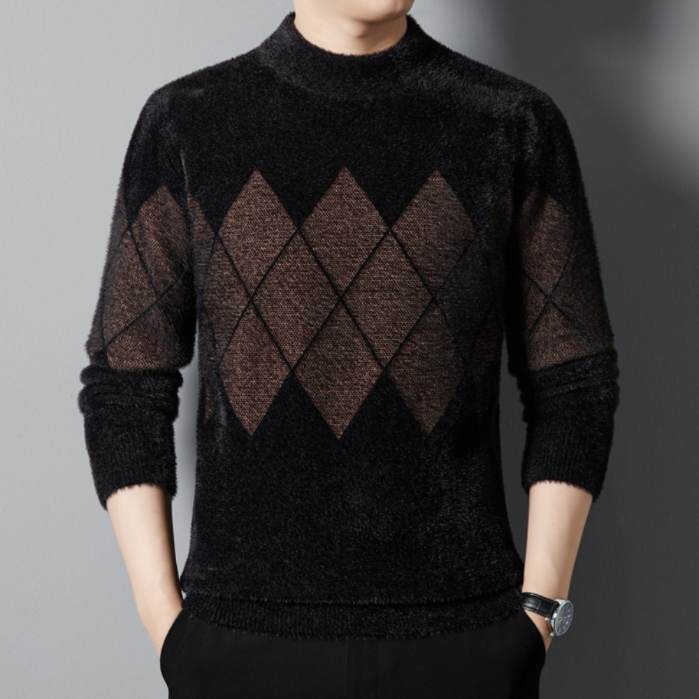 Men’s Sweater - Mock Neck - Argyle Pattern - Long Sleeve Soft Knit Casual Wear-4