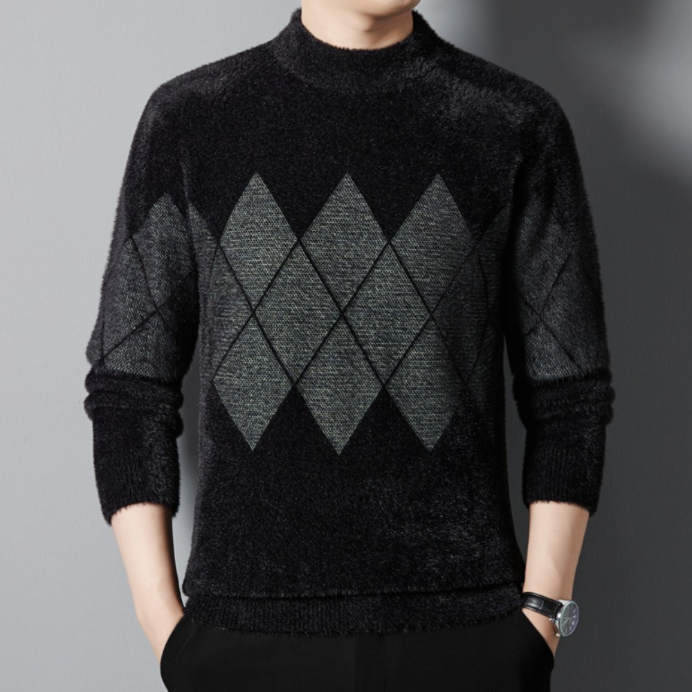 Men’s Sweater - Mock Neck - Argyle Pattern - Long Sleeve Soft Knit Casual Wear-2