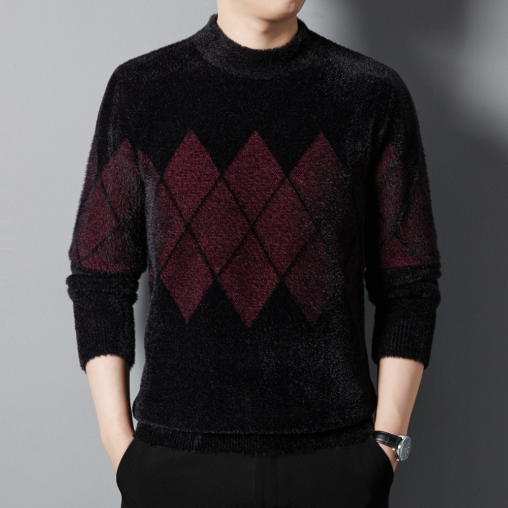 Men’s Sweater - Mock Neck - Argyle Pattern - Long Sleeve Soft Knit Casual Wear-3