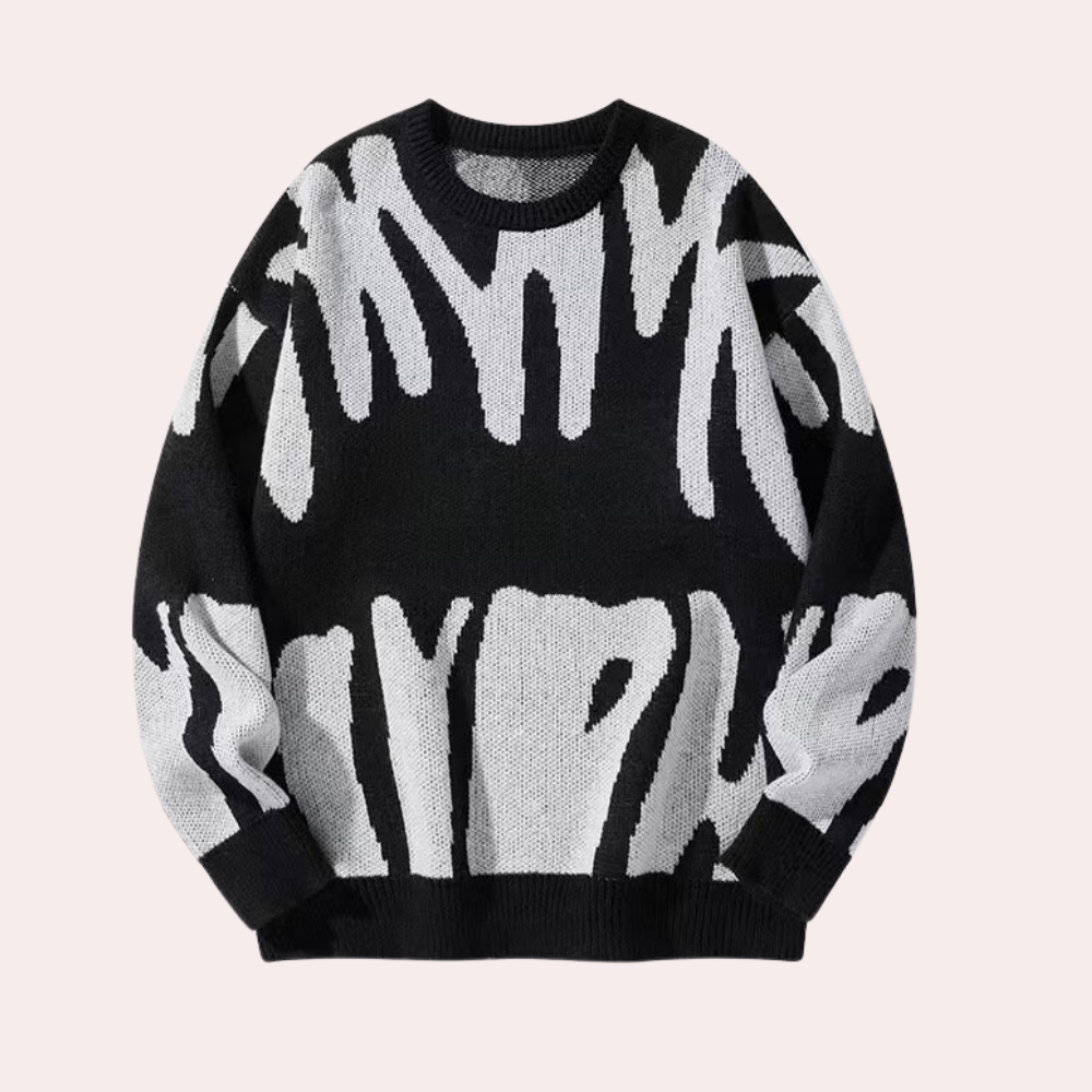 Men’s Knitted Sweater - Abstract Design - Crew Neck - Long Sleeve - Ribbed Cuffs-2