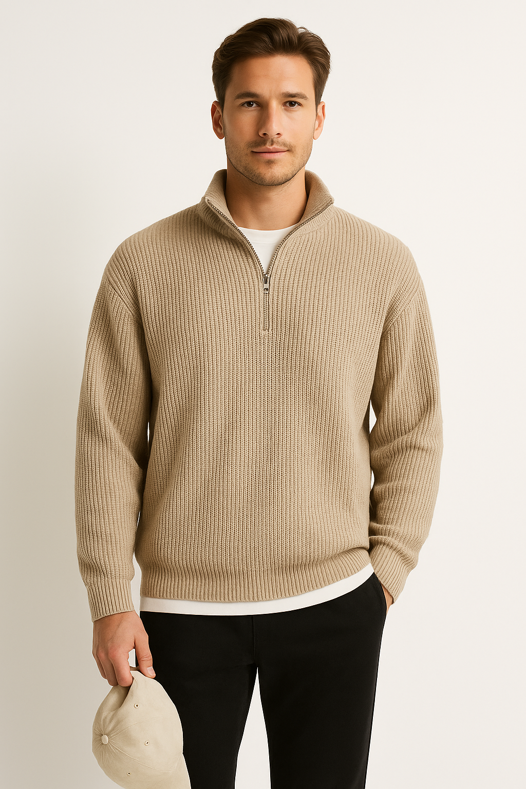 Men’s Half Zip Sweater – Wool Blend – Ribbed Texture – Relaxed Fit – Casual Layer-2
