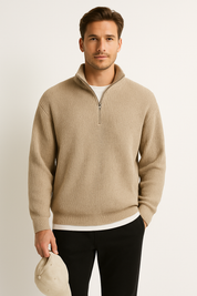 Men’s Half Zip Sweater – Wool Blend – Ribbed Texture – Relaxed Fit – Casual Layer-2