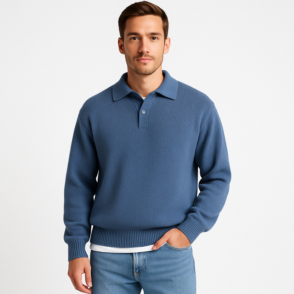 Men’s Polo Sweater – Wool – Relaxed Fit – Buttoned Collar – Ribbed Hem and Cuffs-2