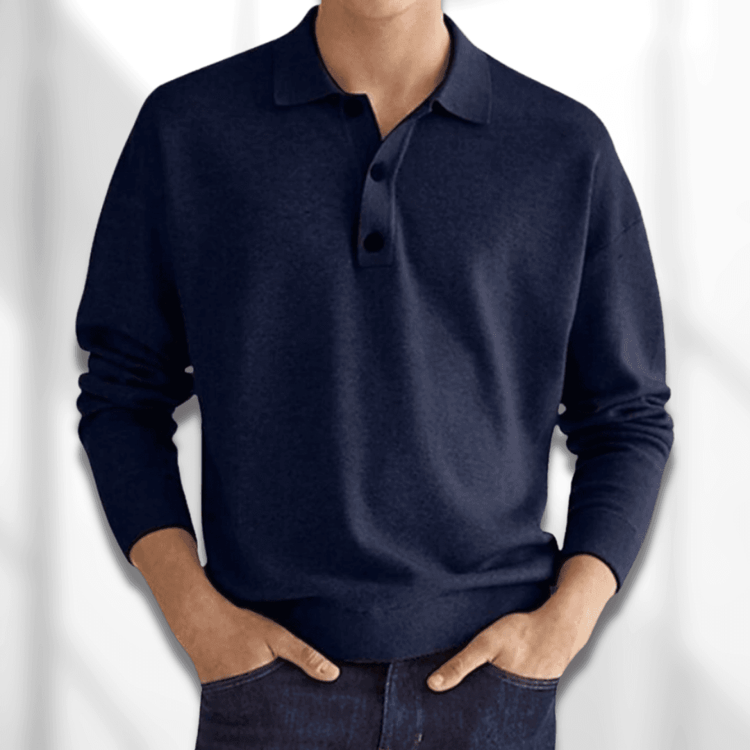 Men’s Polo Sweater - Knitted Texture - Long Sleeve - Classic 3-Button Collar-6