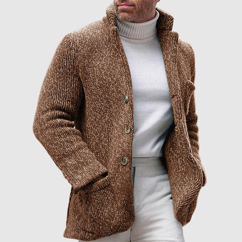 Men’s Knitted Cardigan - Chunky Texture - Stand-Up Collar - Button-Up Front-2