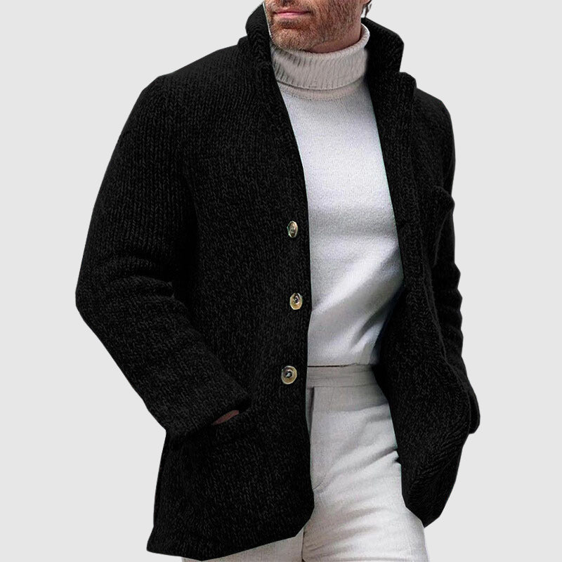 Men’s Knitted Cardigan - Chunky Texture - Stand-Up Collar - Button-Up Front-5
