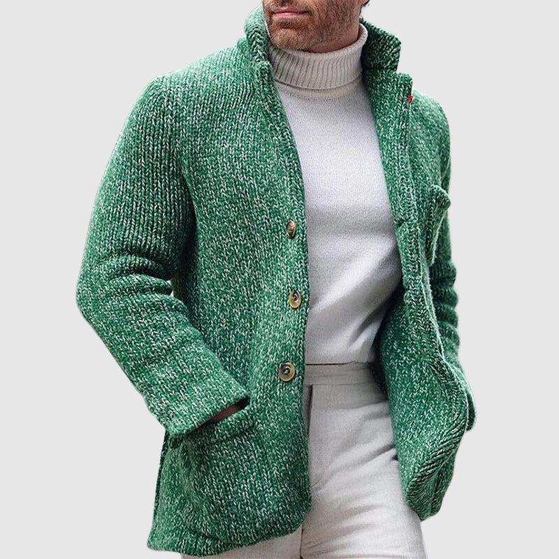 Men’s Knitted Cardigan - Chunky Texture - Stand-Up Collar - Button-Up Front-4