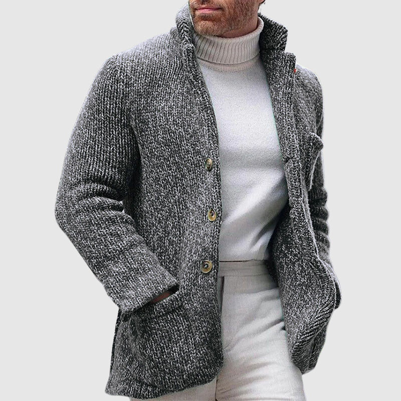 Men’s Knitted Cardigan - Chunky Texture - Stand-Up Collar - Button-Up Front-3