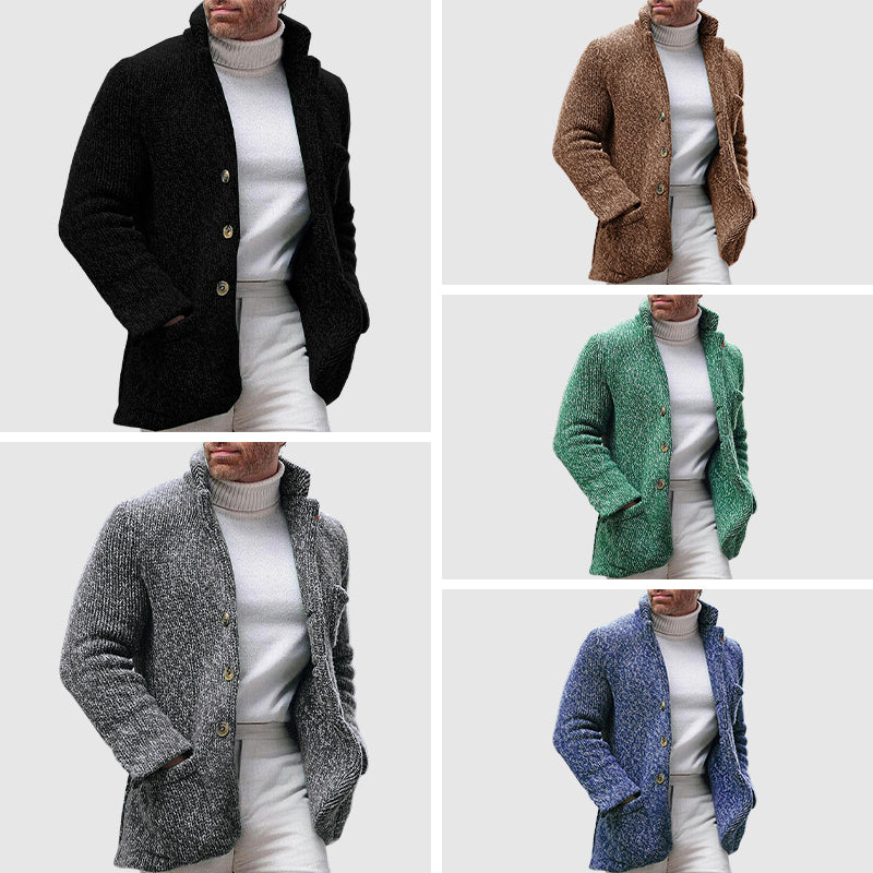 Men’s Knitted Cardigan - Chunky Texture - Stand-Up Collar - Button-Up Front-6