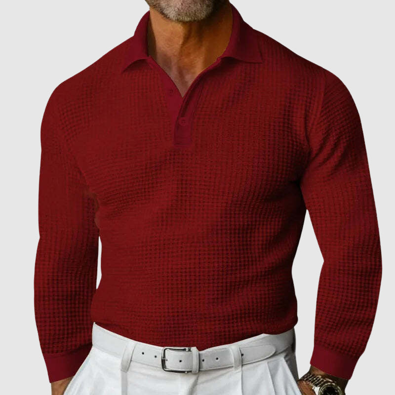 Men’s Knitted Polo Shirt - Waffle Texture - Slim Fit - Long Sleeve Smart Casual-2
