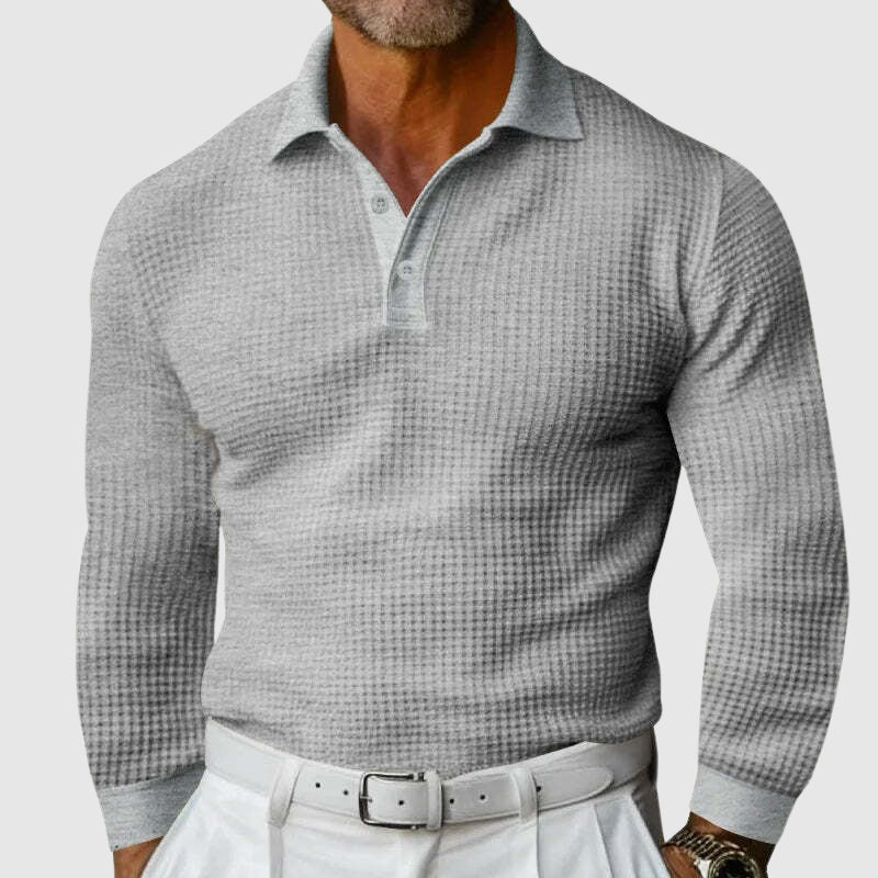 Men’s Knitted Polo Shirt - Waffle Texture - Slim Fit - Long Sleeve Smart Casual-5