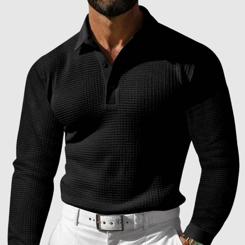 Men’s Knitted Polo Shirt - Waffle Texture - Slim Fit - Long Sleeve Smart Casual-4