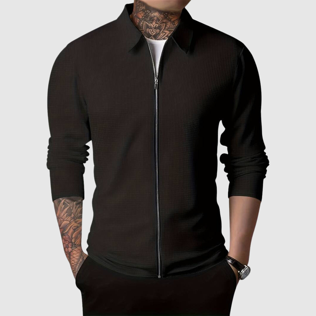 Men’s Zip-Up Sweater – Waffle Knit – Fitted Design – Long Sleeve Casual Wear-2